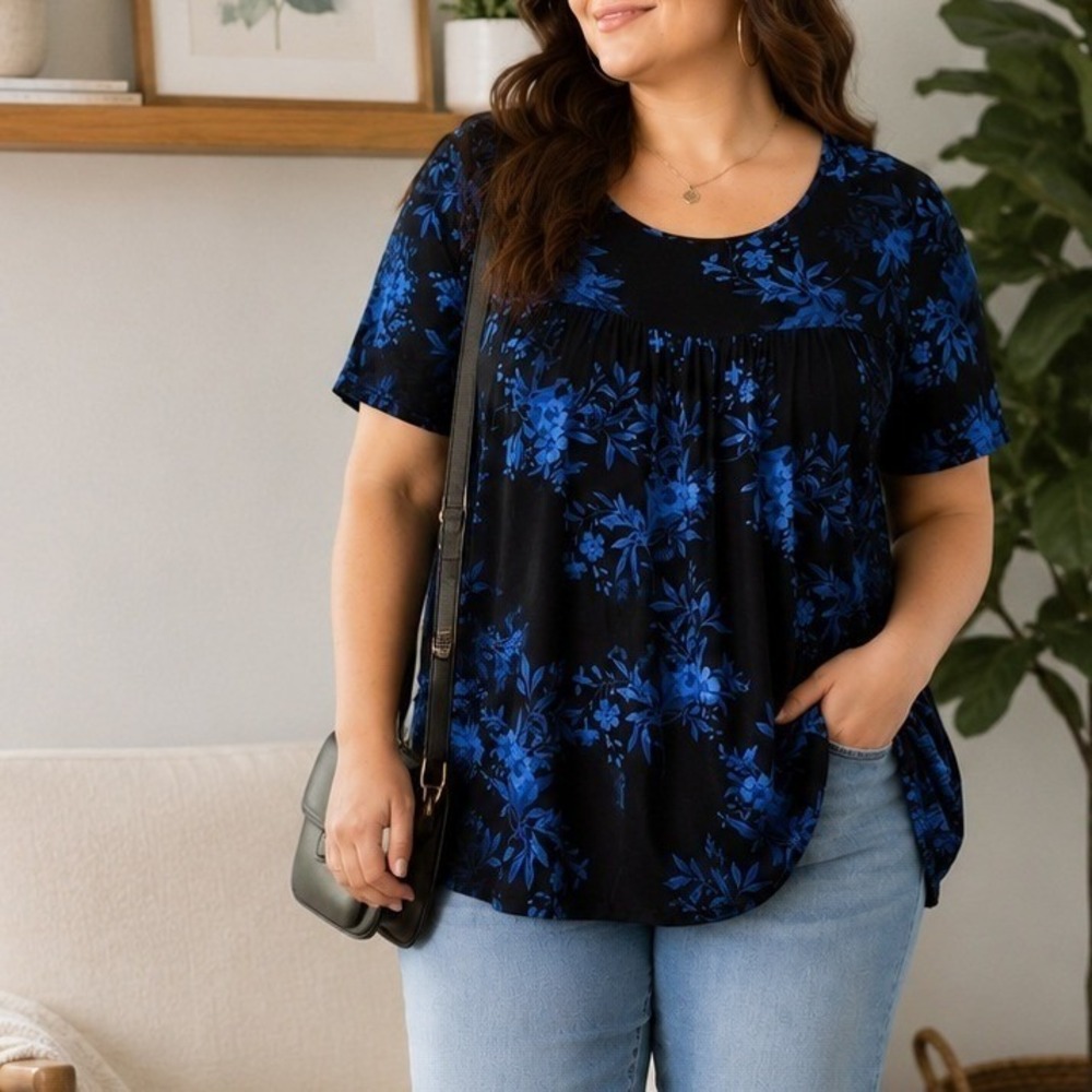 Tencede Womens Floral Babydoll Top Size 3XL Short Sleeve Boho Feminine Stretch
